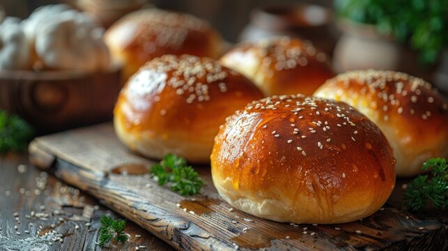 Golden Sesame Burger Buns on Rustic Wooden Board