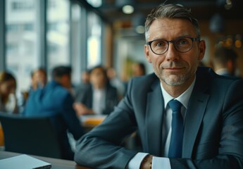 Naklejka premium A businessman, consulting and in a meeting with confidence at a boardroom table for business-to-business project management.