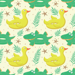 Seamless pattern with green inflatable crocodile and yellow duck. A float for the pool. Inflatable colorful crocodiles and a duck. A swimming circle. Vector template for your summer beach design
