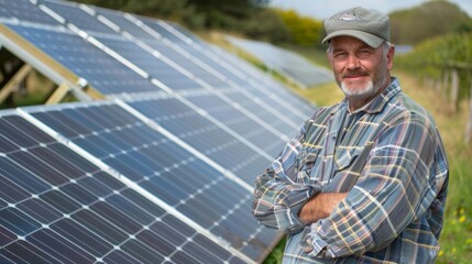 A farmer stands next to a row of solar panels proudly showing off the environmentallyfriendly energy source that powers the fish farm.
