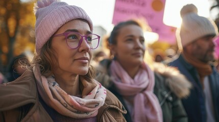 Diverse group of people at a cancer awareness rally or holding informative protest signs to show support and advocate for the cause