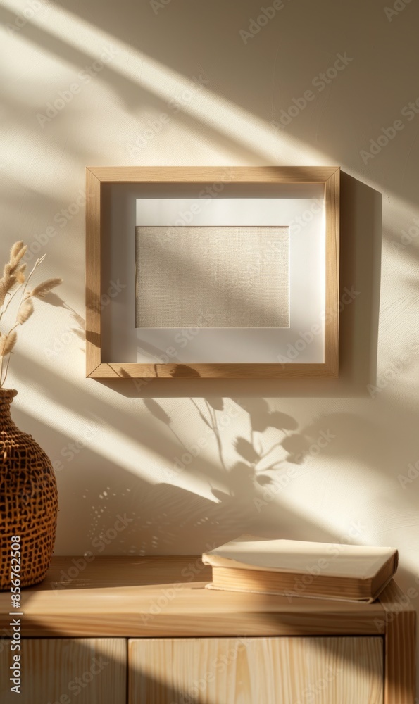 Poster empty white frame mockup on the wall, positioned above a wooden sideboard with a cactus and book in 