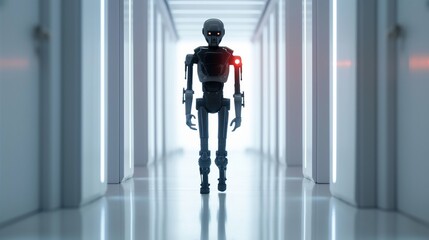 A robotic figure walks through a white hallway. The robot has a black and silver body with red lights on its shoulder.