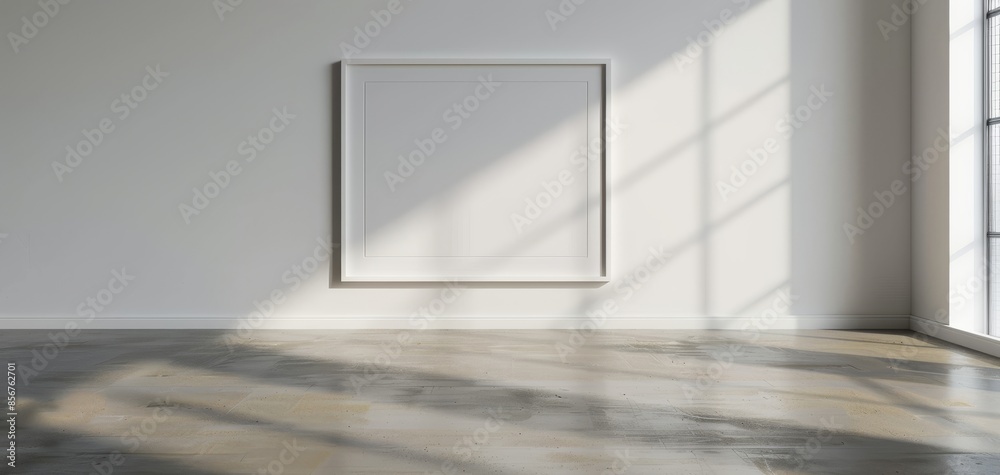 Poster Mockup of an empty white poster frame on the wall in a large open space office, featuring a concrete floor and glass windows, illuminated by golden light streaming through the window.