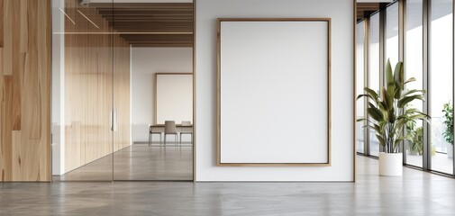 Fototapeta premium An empty white poster frame mockup on the wall of a large open space office, with concrete flooring and glass windows, bathed in golden light from the window.