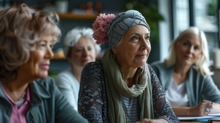 A group of elderly and mature women gathered in a room engaged in a cancer support group meeting where they are sharing their personal experiences finding comfort