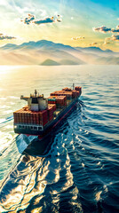 Obraz premium Large cargo ship in the middle of the ocean with mountains in the background.