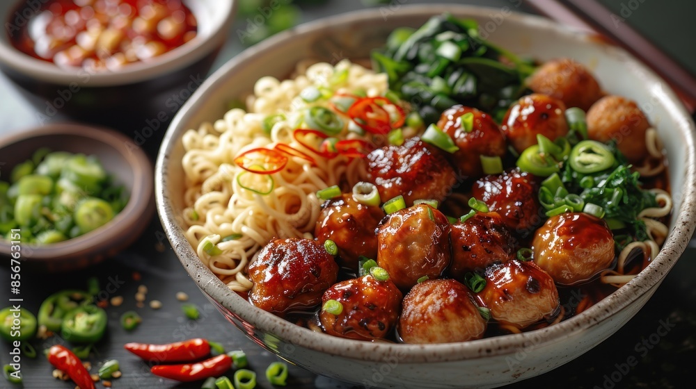 Poster Close-up of a Bowl of Savory Asian Noodles with Meatballs