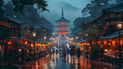 Obraz premium a image about Japan summer Festival, japanese street and colorful lanterns in the night with historic buildings, japanese travel