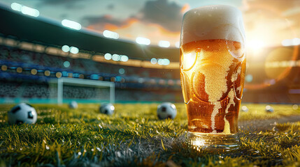 beer glass on a stadium with soccer balls on the ground 