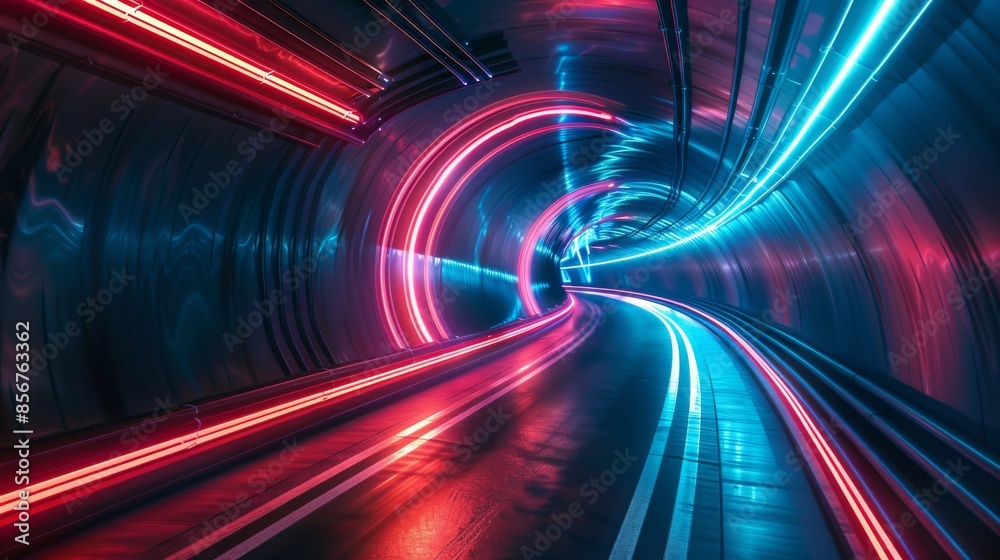 Poster a 3d rendering of a curved tunnel with glowing leds on the ceiling and reflections from puddles on a