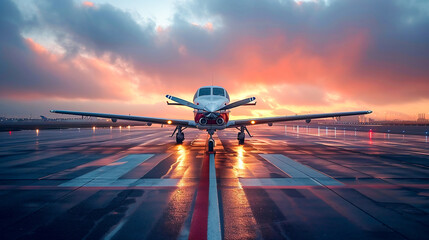 Private jet taking off from the runway during a dramatic sunset. Business travel concept