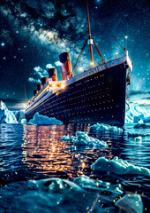 Fototapeta premium Painting of cruise ship in the ocean surrounded by icebergs.