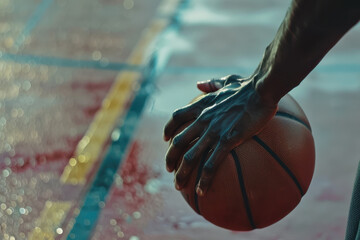 Close-up of basketball player's hand holding ball on wet court