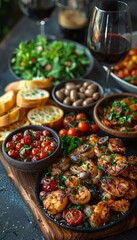 Serving a delicious dinner with grilled shrimps, tomatoes, olives, and wine on a table