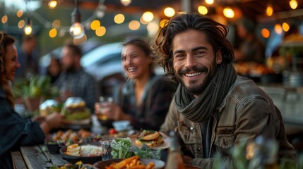 Obraz premium Smiling Man at a Dinner Table with Friends