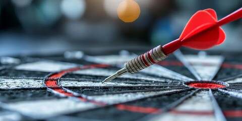 dart stuck on dartboard not at bullseye with bokeh light , business marketing and strategy concept,