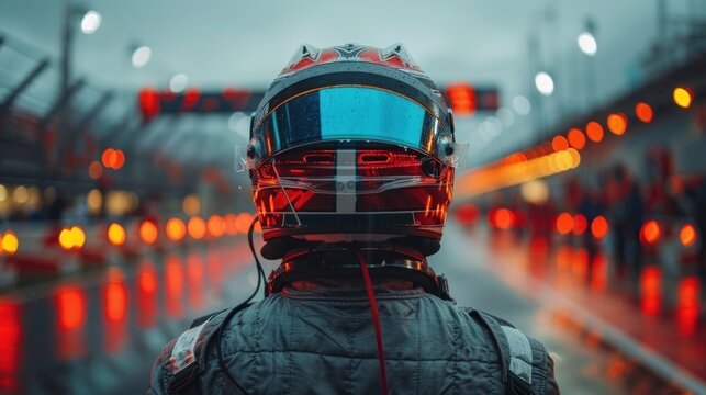 Racer Stands in Pit Lane During a Rainy Race