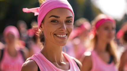 Smiling active women in athletic wear participating in a charity cancer fundraising event such as a walk or run