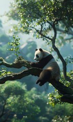 Obraz premium A panda bear sits on a tree branch in a dense forest, surrounded by greenery. The sun shines through the leaves, creating a dappled light effect