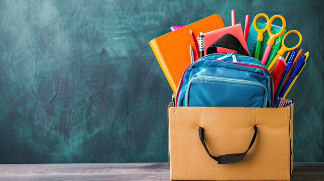 Cardboard box with backpack full of brightly colored school supplies. Back to school donation drive concept.