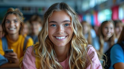 Fototapeta premium Cheerful Young Woman in a Crowd of Students
