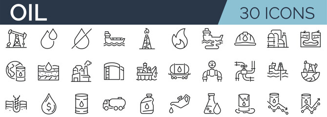 Set of 30 outline icons related to oil industry. Linear icon collection. Editable stroke. Vector illustration