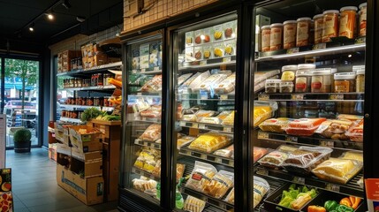 Assortment of refrigerated and frozen foods beverages and other chilled products neatly organized on display shelves in the refrigerated section of a supermarket or grocery store