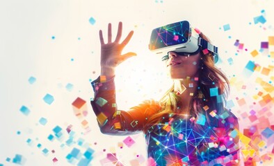 Fototapeta premium Wearing a VR helmet, a smiling businesswoman wears casual clothing