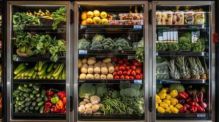 Vibrant assortment of fresh fruits and vegetables neatly organized and displayed in a refrigerated display unit inside a grocery store or supermarket  The varied colors