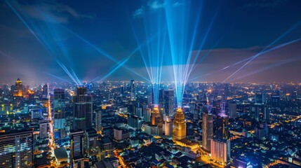 Obraz premium Digital city concept with wireless connections and social networking systems that connected people within the cityscape. Concept of a smart digital city with network reciprocity over the cityscape.