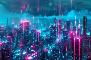 Obraz premium Neon futuristic city with neon lights. Futuristic city with urban purple traffic background.
