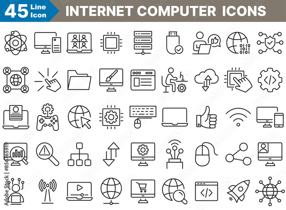 Wall mural internet computer outline icons set. thin line vector illustrations of computers, networks, servers,