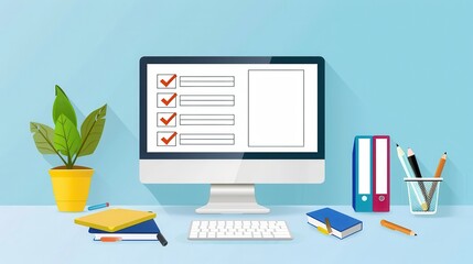 A clean desktop with a computer displaying a checklist, suggesting productivity and organization.