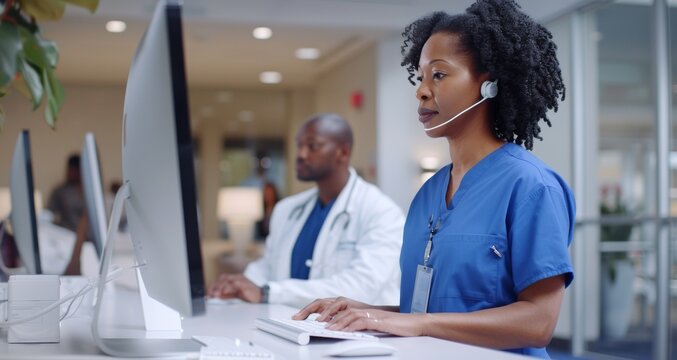 Nurse in blue scrubs and headset working on computer at hospital reception desk
