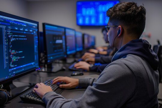 people at cutting-edge technology cybersecurity training learning to use  software for threat detection, vulnerability assessment,  experience of a cyber security bootcamp