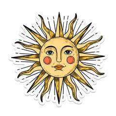 Yellow sun with a face sticker overlay with a white border