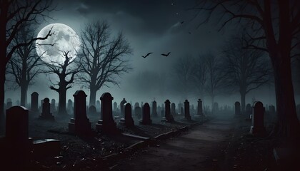 A Foggy Graveyard under a Full Moon