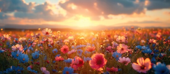 Sunset Over a Field of Vibrant Blooms