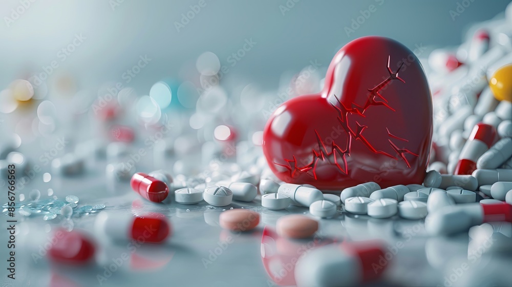 Aufkleber a broken heart figurine surrounded by heart medications, emphasizing the importance of medication in