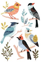 Obraz premium Five vibrantly colored birds, with a variety of patterns and markings, perch on delicate branches
