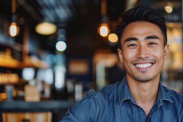 Fototapeta premium Young Asian Man Smiling Brightly Indoors