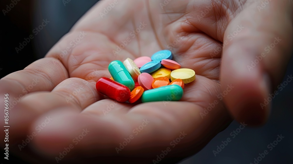 Leinwandbilder a close-up image of an open palm holding several colorful pills. the background is softly blurred, f