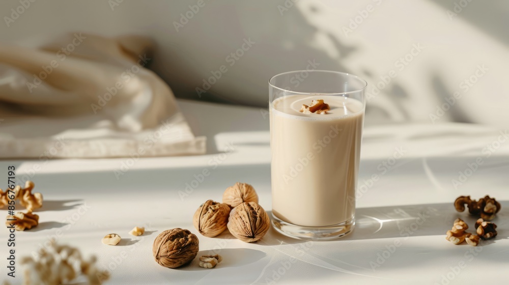 Wall mural A walnut milk drink in a cup with some walnuts and nuts on a white table on a gray background - Wall murals