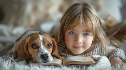 Little Girl Reading With Her Beagle