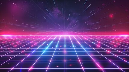 Neon Grid Background With Stars