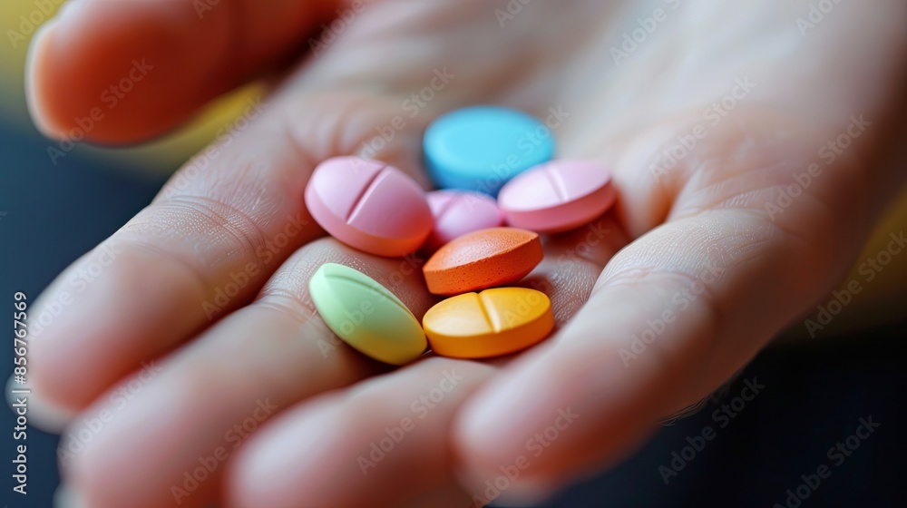 Poster a close-up shot of an open palm holding several colorful pills, with a soft blurred background. gene