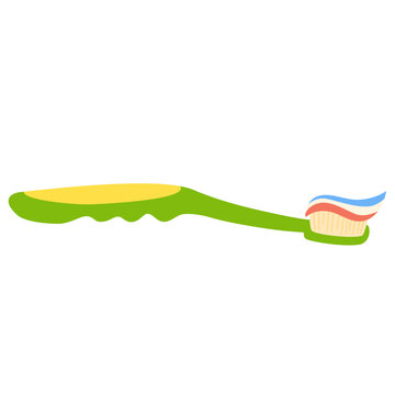 recommend clip art: Toothbrush with toothpaste.  Tool for cleaning mouth. Oral hygiene, dental health care. Flat isolated vector illustration on white background
