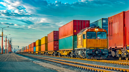 Obraz premium Train is traveling down the tracks with many containers on top of it.