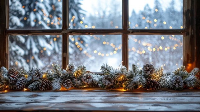 A rustic windowsill adorned with pine boughs, pinecones, and twinkling lights, overlooking a snowy winter scene.